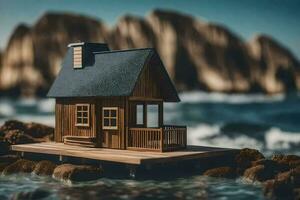 a small wooden house on a pier by the ocean. AI-Generated photo