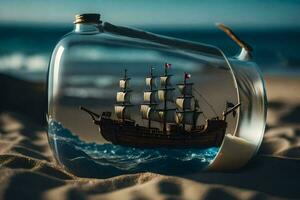 a ship in a bottle on the beach. AI-Generated photo