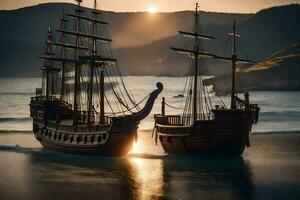 two wooden ships are docked at the beach. AI-Generated photo