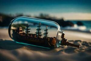 ship in a bottle on the beach. AI-Generated photo