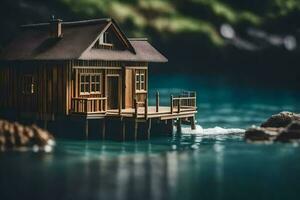 a miniature house on a pier in the water. AI-Generated photo