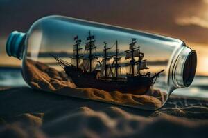 a ship in a bottle on the beach. AI-Generated photo