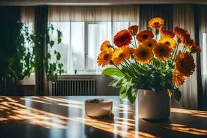 naranja flores en un florero en un mesa en frente de un ventana. generado por ai foto