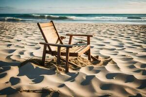 a wooden chair sits on the sand at the beach. AI-Generated photo