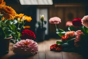 flowers in a vase on a wooden floor. AI-Generated photo