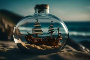 a ship in a bottle on the beach. AI-Generated photo