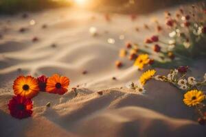 the sun is setting in the desert and flowers are scattered on the sand. AI-Generated photo