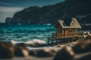 un minúsculo casa en el playa por el océano. generado por ai foto