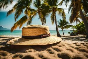 a hat sits on the sand near palm trees. AI-Generated photo