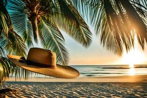 a hat hanging from a palm tree on a tropical beach. AI-Generated photo