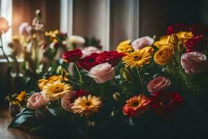 flores en un florero en un mesa. generado por ai foto