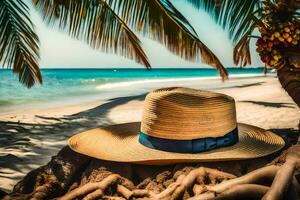 a straw hat on the beach. AI-Generated photo