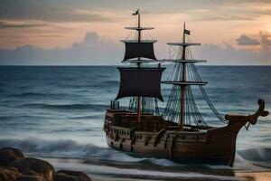 a pirate ship is sailing on the ocean at sunset. AI-Generated photo