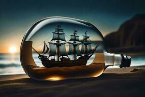 a ship in a bottle on the beach. AI-Generated photo