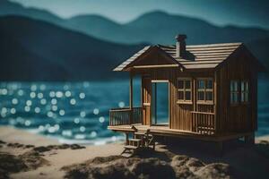 a miniature house on the beach with mountains in the background. AI-Generated photo