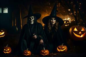 two people dressed in witch costumes and pumpkins. AI-Generated photo