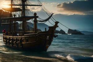 a pirate ship is sailing on the ocean. AI-Generated photo