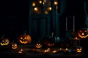 halloween pumpkins and candles in the dark. AI-Generated photo
