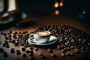 a cup of coffee is surrounded by coffee beans. AI-Generated photo