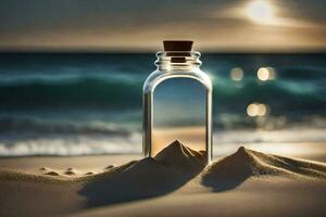 un mensaje en un botella en el playa. generado por ai foto