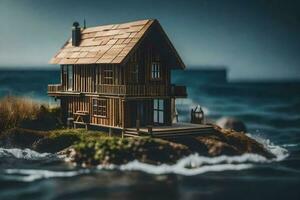 a miniature house on a small island by the ocean. AI-Generated photo