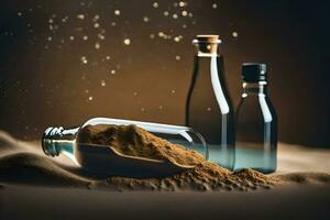 bottles of cocoa powder and sand on a dark background. AI-Generated photo