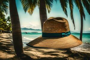 a hat sits on the beach near palm trees. AI-Generated photo