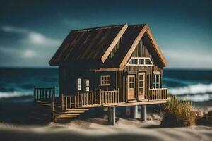 un miniatura de madera casa en el playa. generado por ai foto