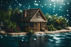a miniature house on the shore of a lake. AI-Generated photo