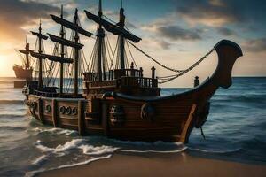 a pirate ship is in the ocean at sunset. AI-Generated photo