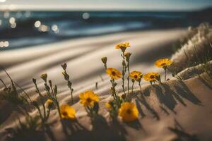 amarillo flores en el playa. generado por ai foto