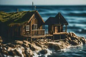 un miniatura casa en el rocas por el océano. generado por ai foto