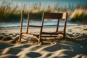un de madera silla se sienta en el arena cerca el océano. generado por ai foto