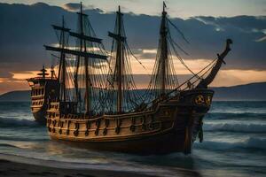 a pirate ship is on the beach at sunset. AI-Generated photo