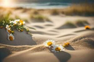 foto fondo de pantalla arena, flores, el playa, el sol, el mar, el arena, el. generado por ai