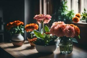 flores en floreros en un mesa. generado por ai foto