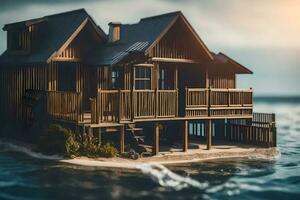 a wooden house on an island in the ocean. AI-Generated photo