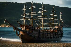 a pirate ship is on the beach near the ocean. AI-Generated photo