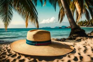 a hat sits on the sand near palm trees. AI-Generated photo
