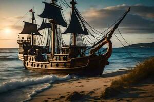a pirate ship is on the beach at sunset. AI-Generated photo