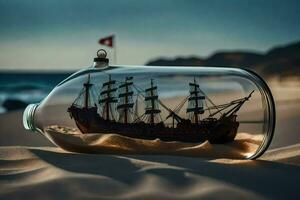 a ship in a bottle on the beach. AI-Generated photo