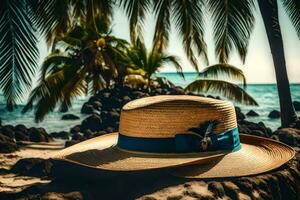 a hat sits on the beach near palm trees. AI-Generated photo