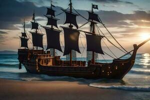 a pirate ship on the beach at sunset. AI-Generated photo