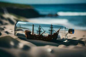 ship in a bottle on the beach. AI-Generated photo