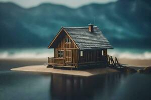 un pequeño de madera casa en el playa. generado por ai foto