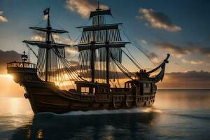 a pirate ship in the ocean at sunset. AI-Generated photo