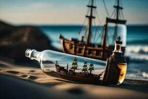 a ship in a bottle on the beach. AI-Generated photo