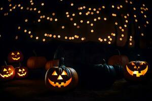 Víspera de Todos los Santos calabazas en el oscuro con luces. generado por ai foto