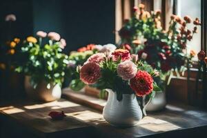 flores en floreros en un antepecho. generado por ai foto