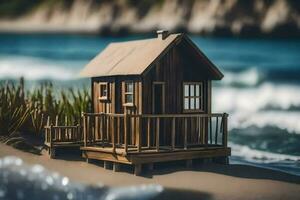 un miniatura de madera casa en el playa. generado por ai foto